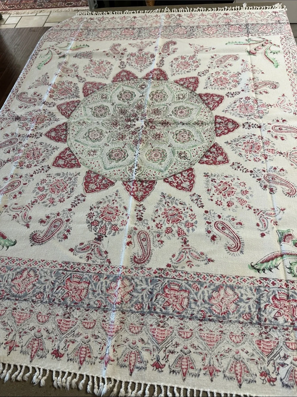 Vtg Persian Ghalamkar Kalamkari Cotton Tablecloth Signed Isfahan Paisley 45x45